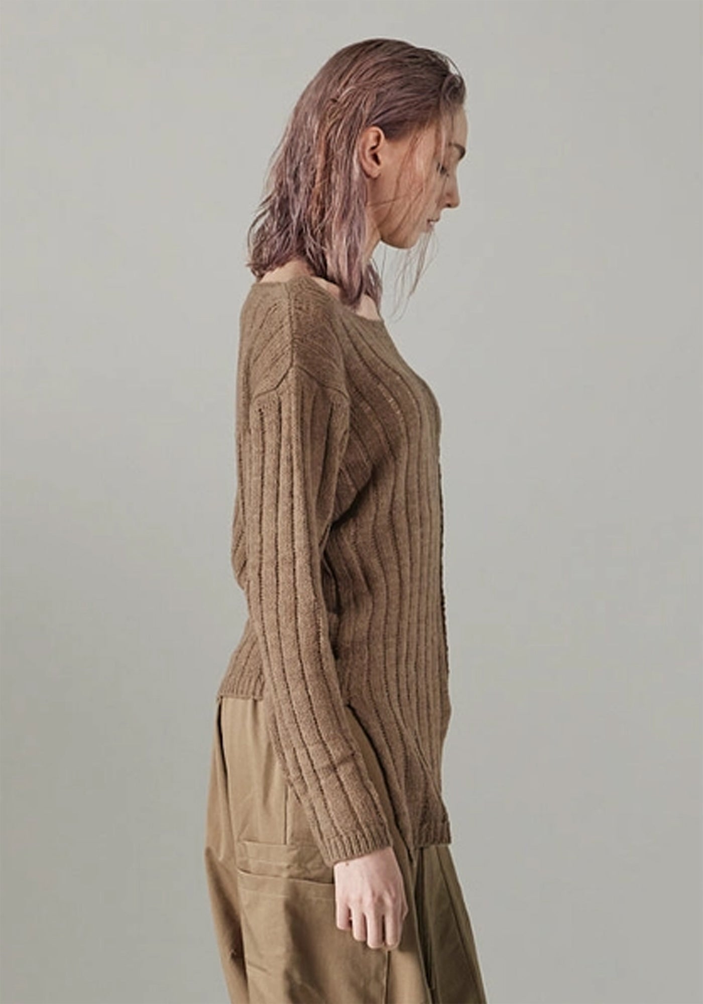 Ribbed Knit Asymmetric Wool Sweater in OFF WHITE Only