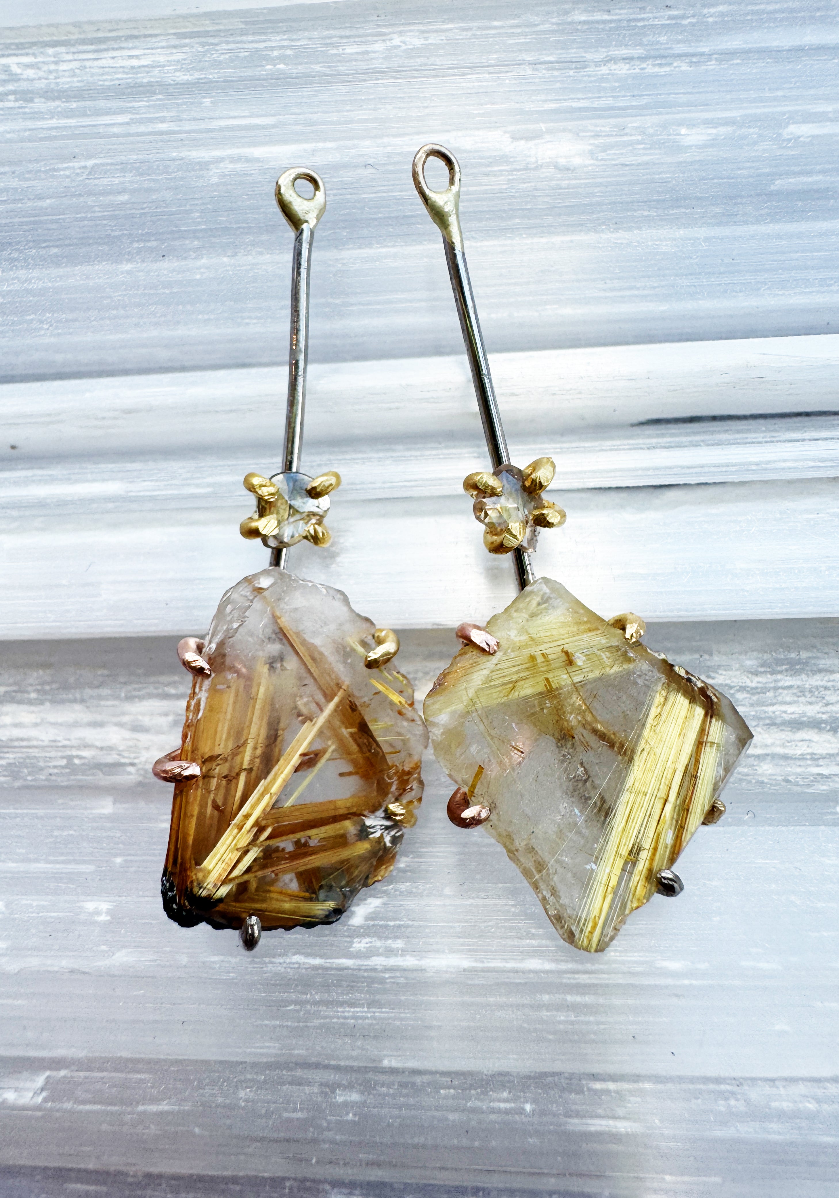 14k-22k Gold Rutilated Quartz and Rose Cut Diamonds Drops