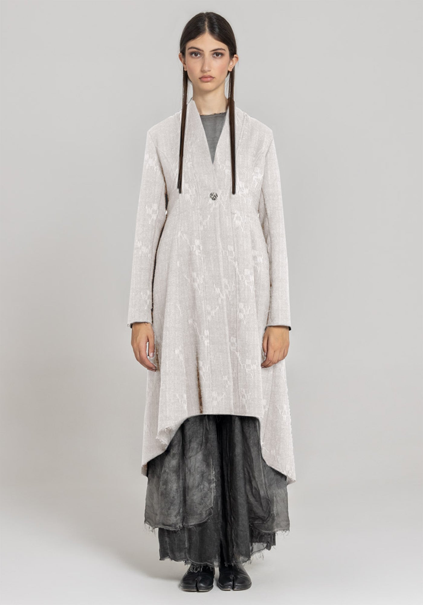 Asymmetric Nipped Waist Long Jacket in ANTIQUE WHITE Only