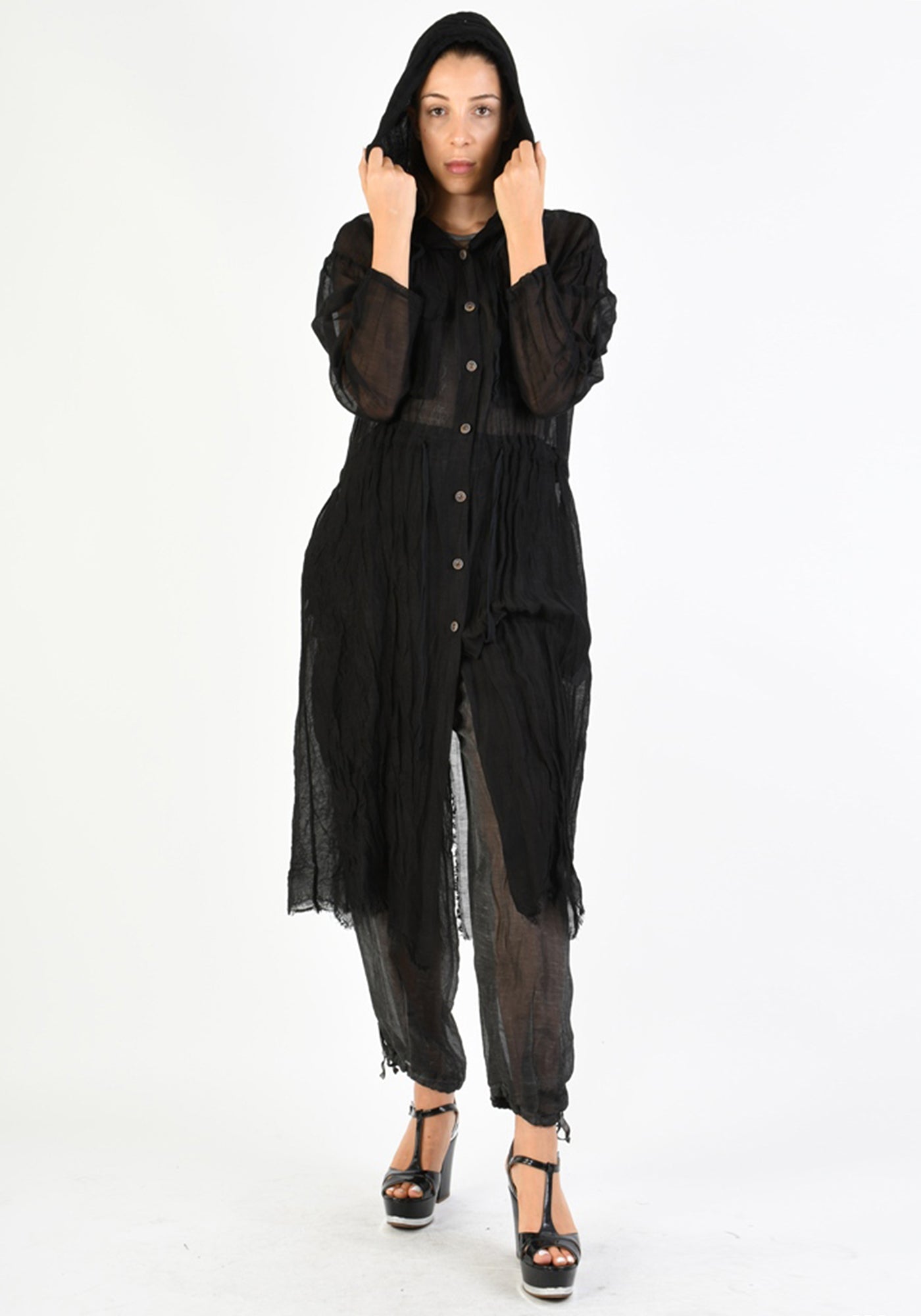 Over Dyed Semi-Sheer Hooded Duster Jacket