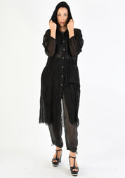 Over Dyed Semi-Sheer Hooded Duster Jacket