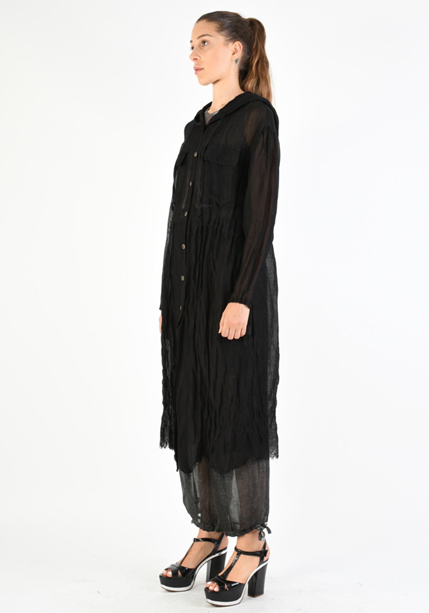 Over Dyed Semi-Sheer Hooded Duster Jacket