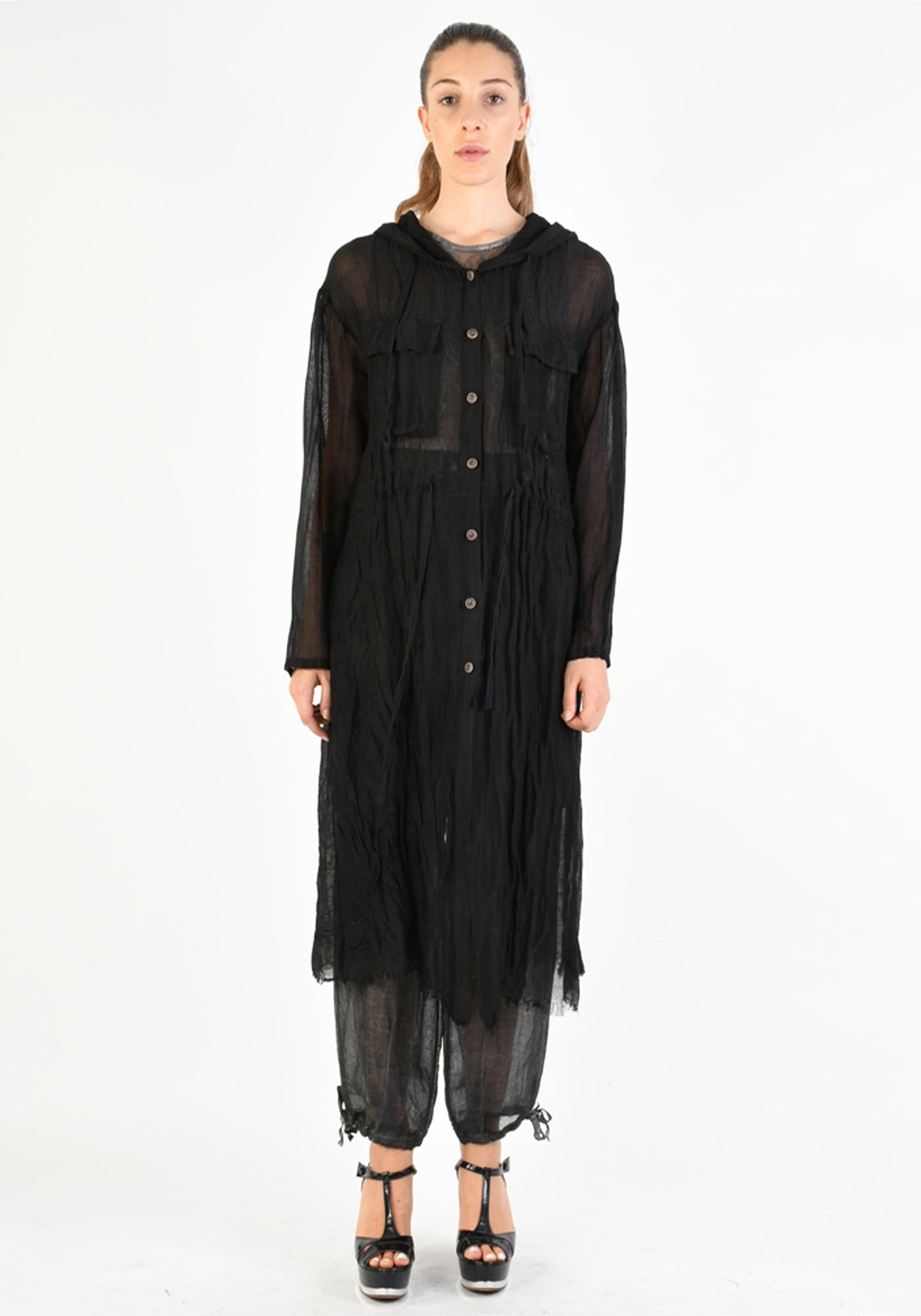 Over Dyed Semi-Sheer Hooded Duster Jacket