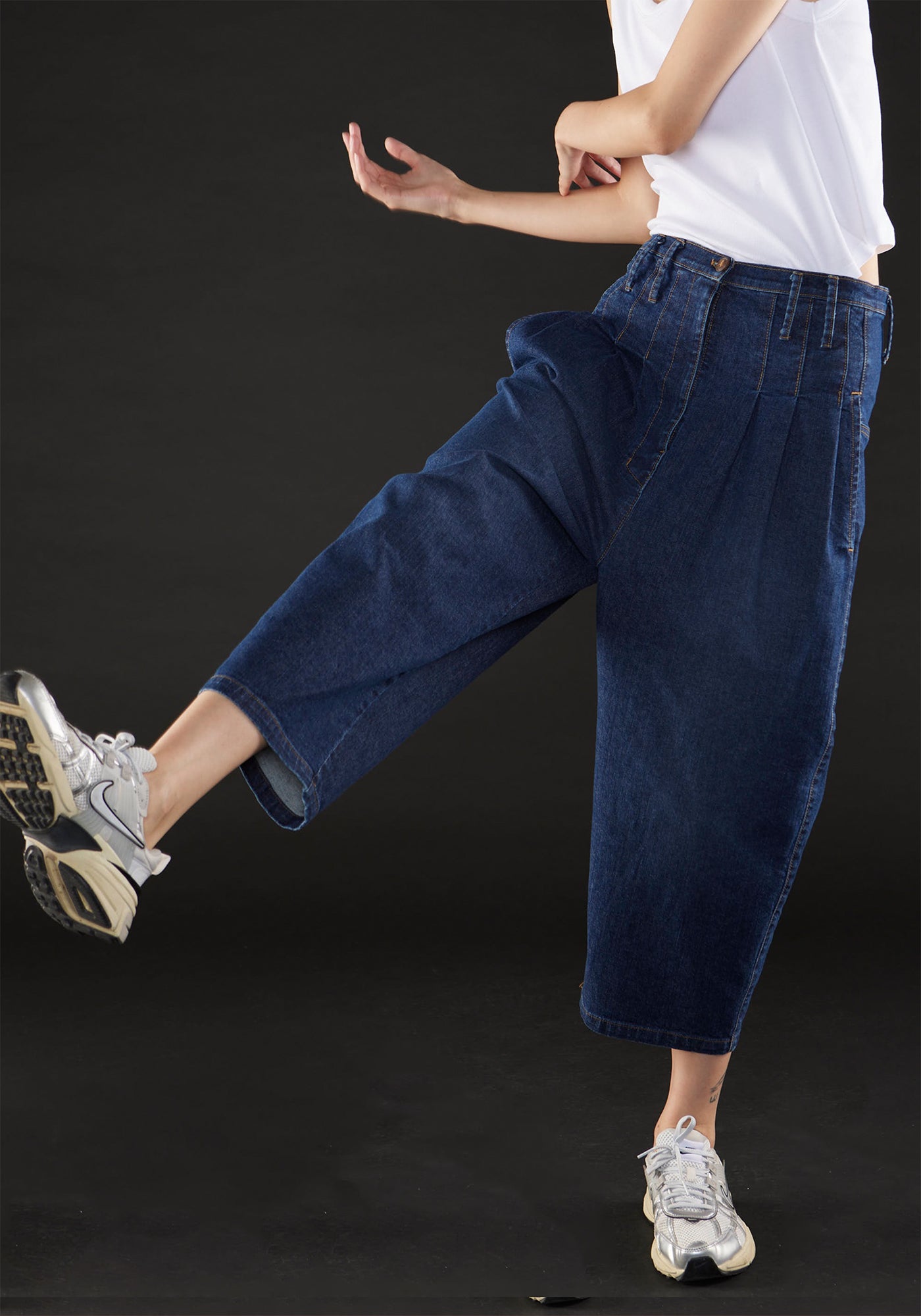 Drop Seat Cropped Tapered Leg Denim Pants