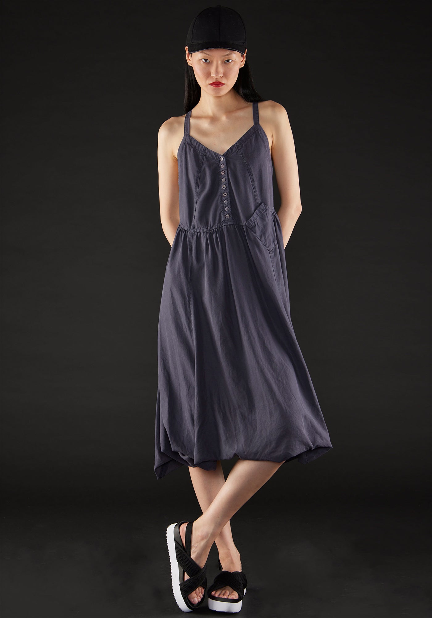 Asymmetric Strappy Button Detail Bubble Dress in INK, BLACK or STONE