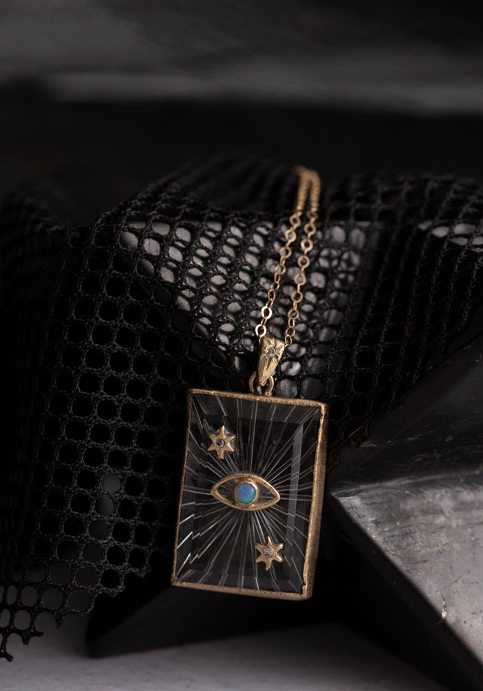 Acanthus Gold, Diamond, Carved Quartz and Opal Eye Amulet Necklace
