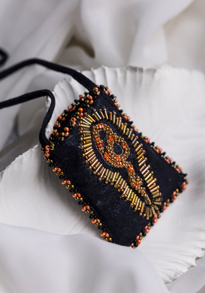 Olivia Dar - Navy Leather Embroidered Snake Pouch Necklace